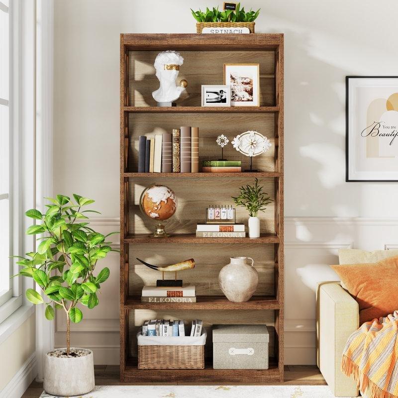 Kahverengi Endüstriyel Ahşap 6 Raflı Oymalı Yan Panel Kitaplık - 80x30x178 cm - 141526