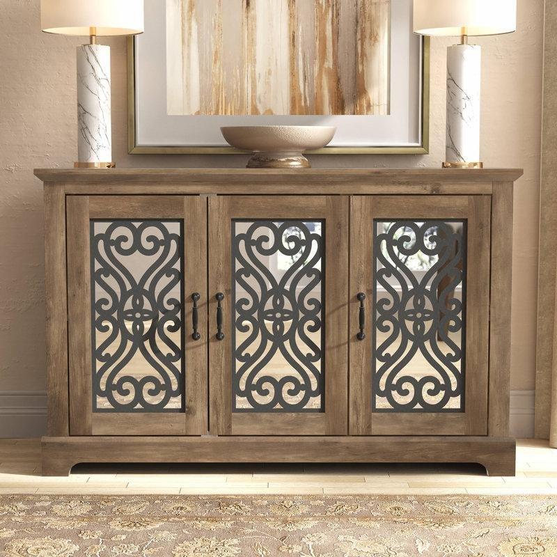 Kahverengi Endüstriyel Ahşap Aynalı ve Oymalı 3 Kapaklı Konsol - 117x40x75 cm - 128617