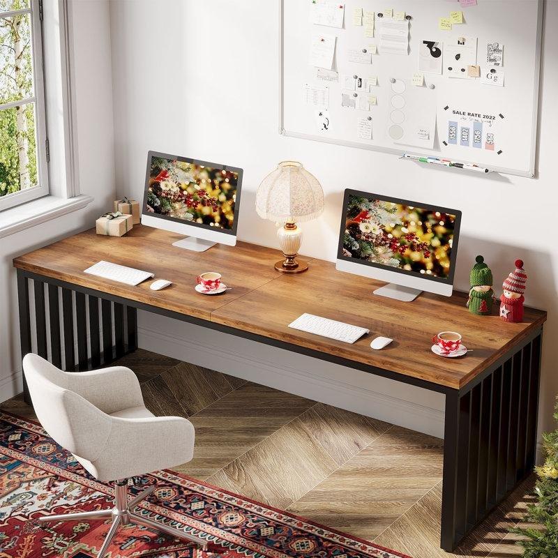 Kahverengi Endüstriyel Ahşap Çift Kişilik Metal Ayaklı Bilgisayar Masası-76x200x70 cm - 116793