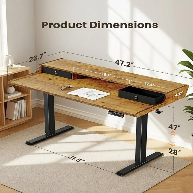 Kahverengi Endüstriyel Ahşap Elektrikli Ayarlanabilir Çekmeceli Bilgisayar Masası-120x61x72 cm - 116409