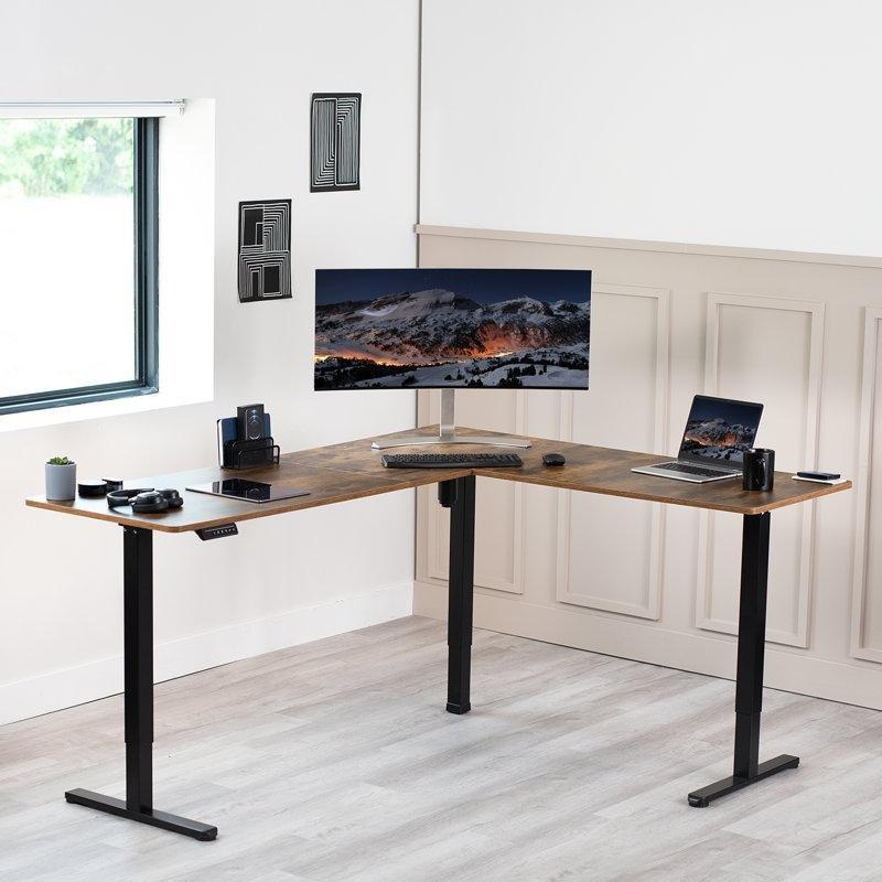 Kahverengi Endüstriyel Ahşap Elektrikli Ayarlanabilir L Şekilli Bilgisayar Masası-73x160x60 cm - 116448