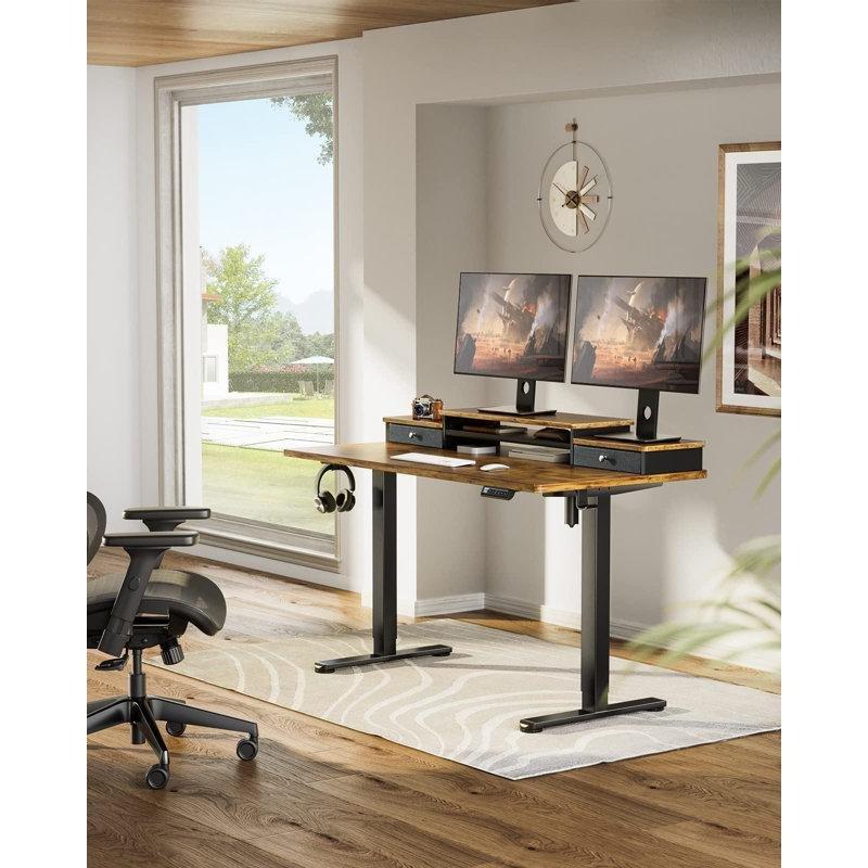 Kahverengi Endüstriyel Ahşap Elektrikli Ayarlanabilir Yükseklikli Çekmeceli Bilgisayar Masası-140x70x132 cm - 116463
