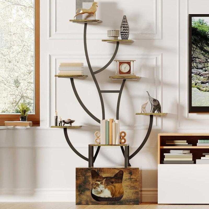 Kahverengi Endüstriyel Ahşap Işıklı Ağaç Tasarımlı Kitaplık - 160x51 cm - 141262