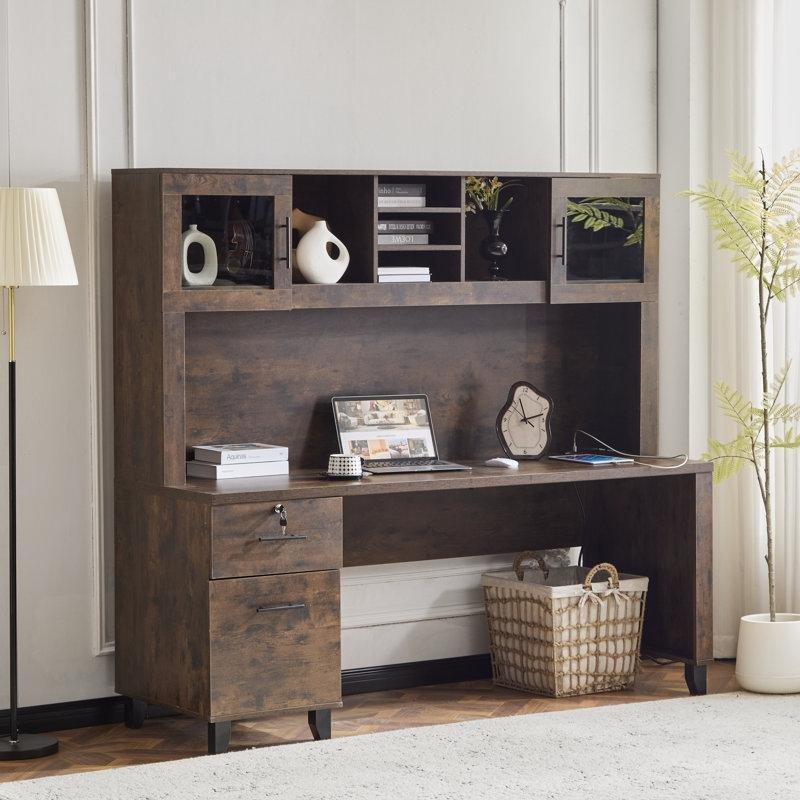 Kahverengi Endüstriyel Ahşap Kilitli Çekmeceli Kitaplıklı Raflı Bilgisayar Masası-165x180x60 cm - 116817