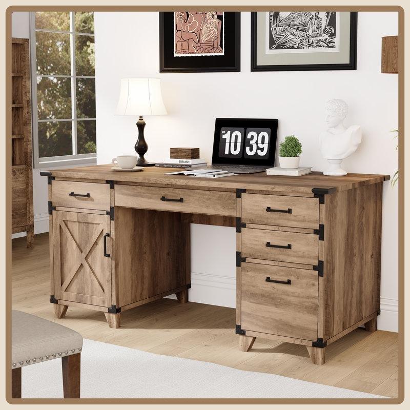 Kahverengi Endüstriyel Ahşap Klavyelikli Çekmeceli Dolaplı Bilgisayar Masası-76x151x76 cm - 116736