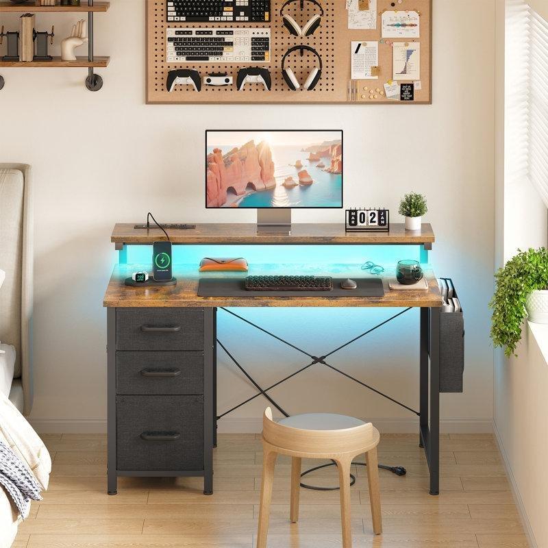 Kahverengi Endüstriyel Ahşap Ledli Çekmeceli Bilgisayar masası-100x50x76 cm - 116802
