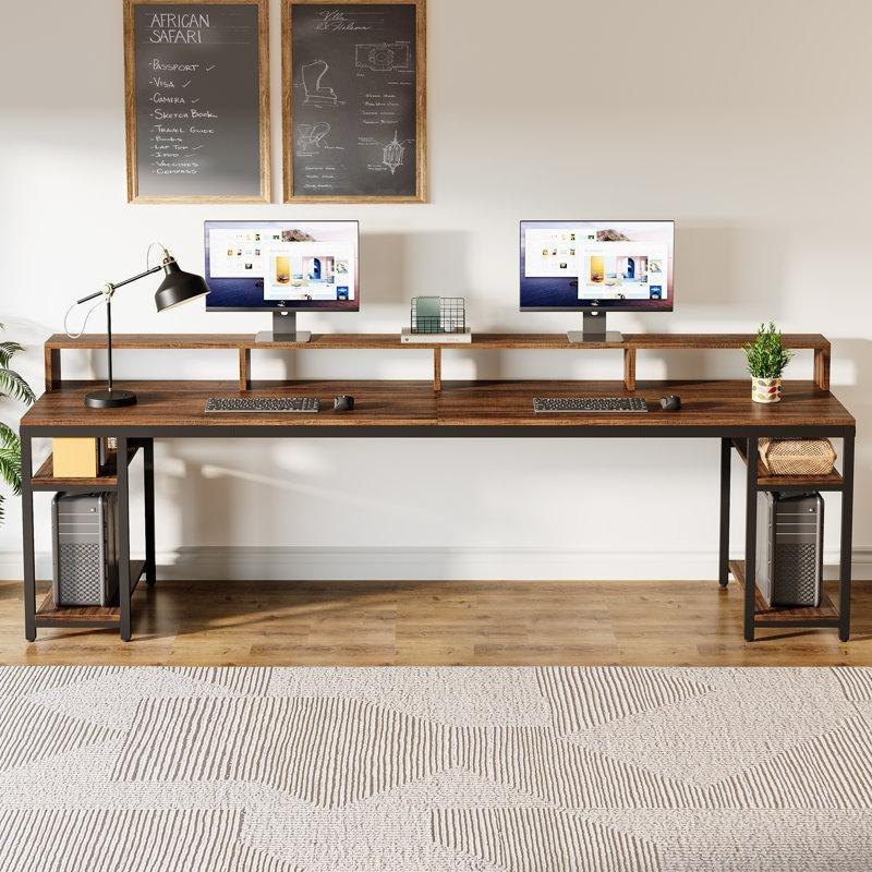 Kahverengi Endüstriyel Ahşap Monitör Standlı Raflı Bilgisayar masası-200x71x92 cm - 116679