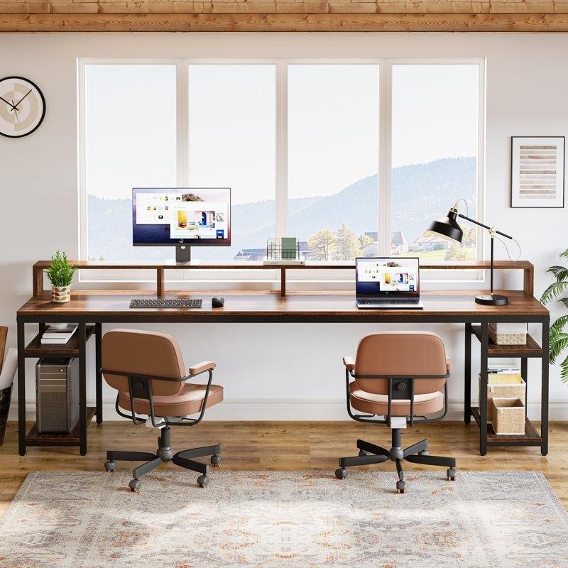 Kahverengi Endüstriyel Ahşap Monitör Standlı Raflı Bilgisayar masası-200x71x92 cm - 116679