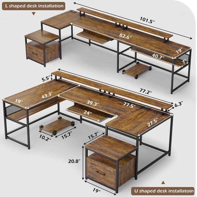 Kahverengi Endüstriyel Ahşap Prizli Kablo Yönetimli U Şekilli Bilgisayar Masası-90x196x110 cm - 116718