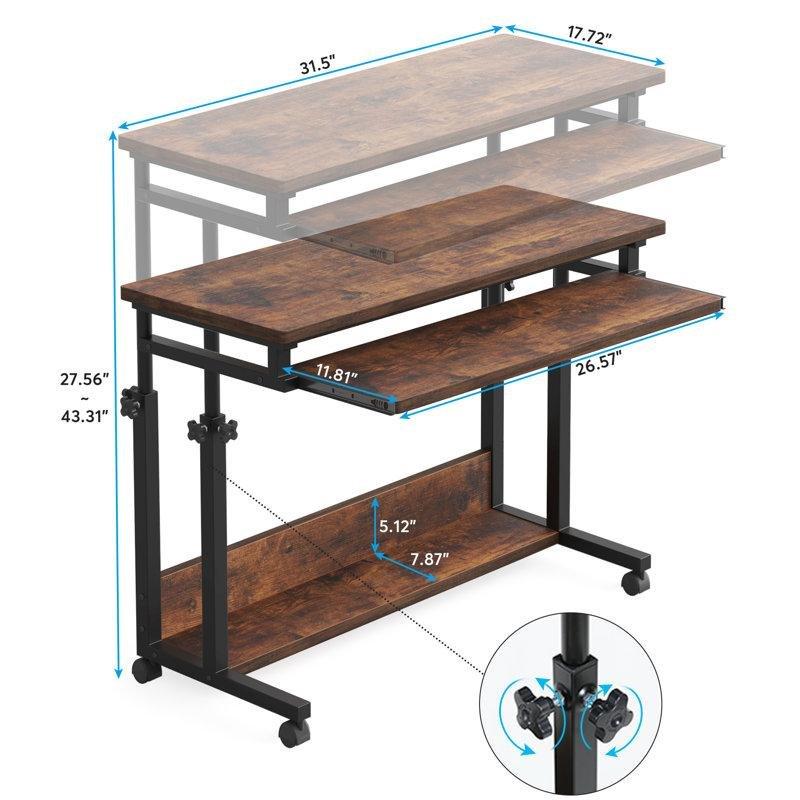 Kahverengi Endüstriyel Ahşap Tekerlekli Ayarlanabilir Bilgisayar masası-80x45 cm - 116775