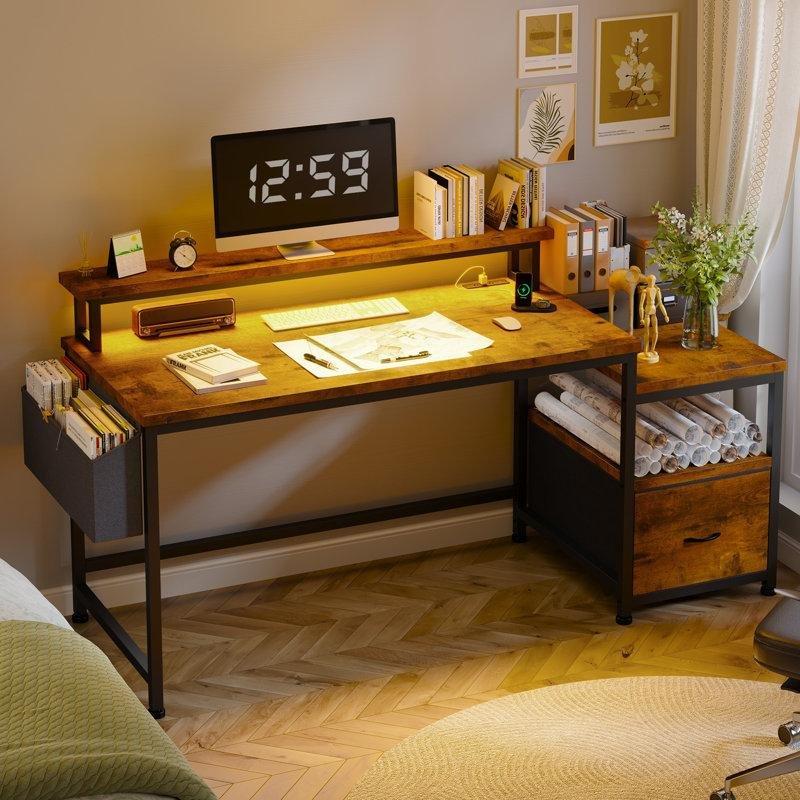 Kahverengi Endüstriyel Ahşap USB Girişli Çekmeceli Bilgisayar Masası-144x51x91 cm - 116712