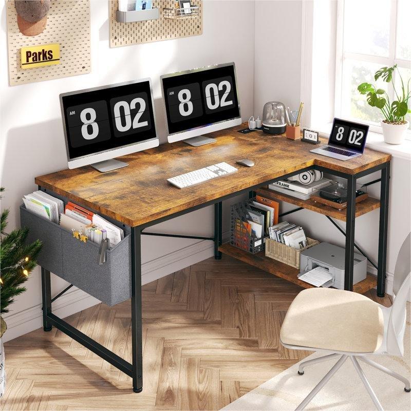 Kahverengi Endüstriyel Ahşap USB Girişli L Şekilli Bilgisayar Masası-120x70 cm - 116823