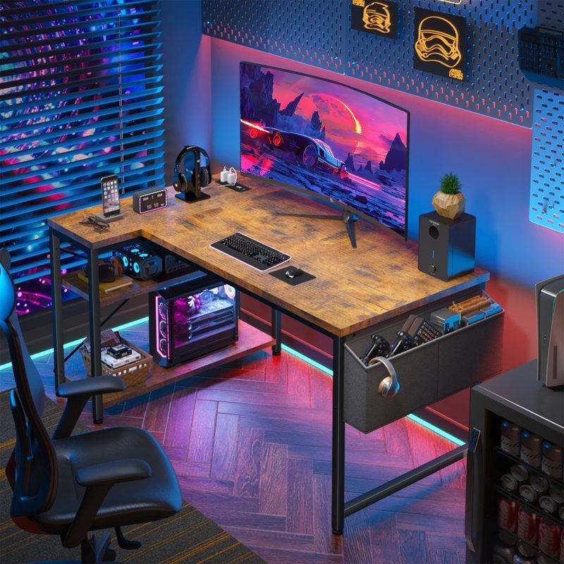 Kahverengi Endüstriyel Ahşap USB Girişli L Şekilli Bilgisayar Masası-120x70 cm - 116823