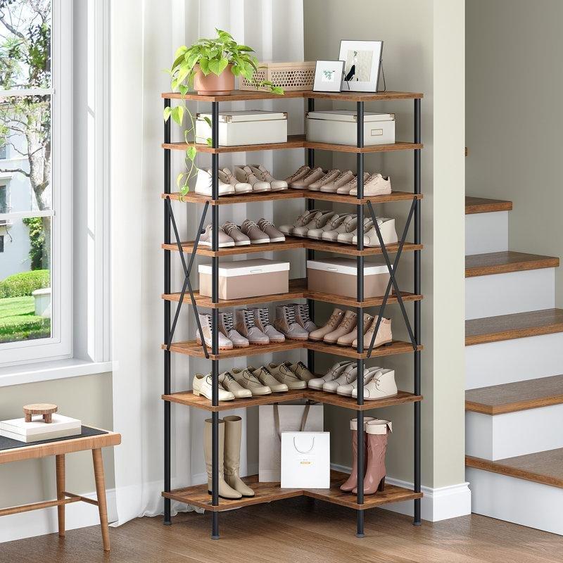Kahverengi Endüstriyel Ahşap ve Metal 8 Katlı Köşe Tasarımlı Ferforje Ayakkabılık - 155x70 cm - 121150