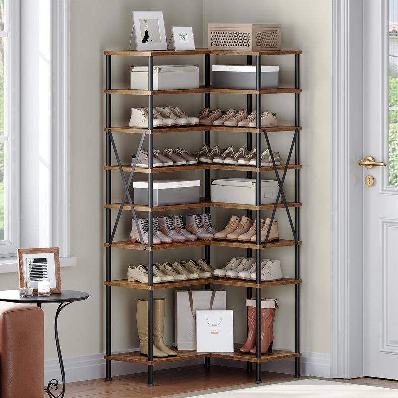 Kahverengi Endüstriyel Ahşap ve Metal 8 Katlı Köşe Tasarımlı Ferforje Ayakkabılık - 155x70 cm - 121150