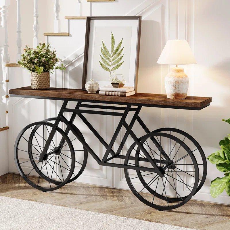 Kahverengi Endüstriyel Ahşap ve Metal Bisiklet Ayaklı Koltuk Arkası Dresuar - 180x30x85 cm - 131961