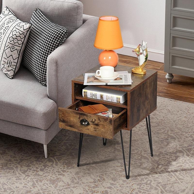 Kahverengi Endüstriyel Ahşap ve Metal Raflı Ferforje Komodin İkili Set - 61x40x38 cm - 127906