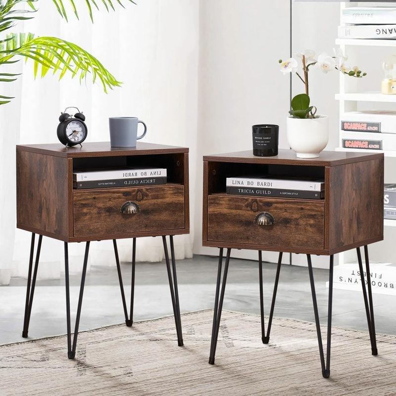 Kahverengi Endüstriyel Ahşap ve Metal Raflı Ferforje Komodin İkili Set - 61x40x38 cm - 127906