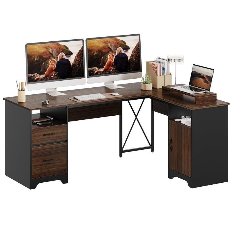 Kahverengi Endüstriyel Ahşap Yumuşak Kapanan Çekmeceli L Şekilli Bilgisayar Masası-240x77x55 cm - 116742