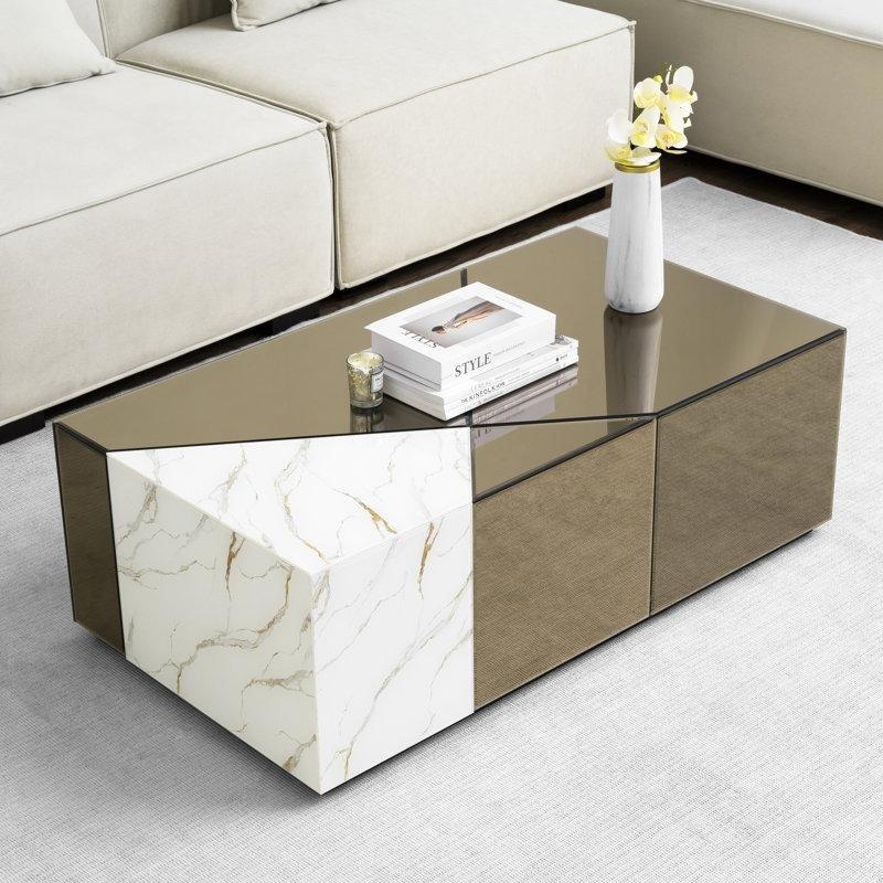 Kahverengi Gri Cam Aynalı Mermer Desenli Aynalı Cam Sehpa-35x101x56 cm - 117096