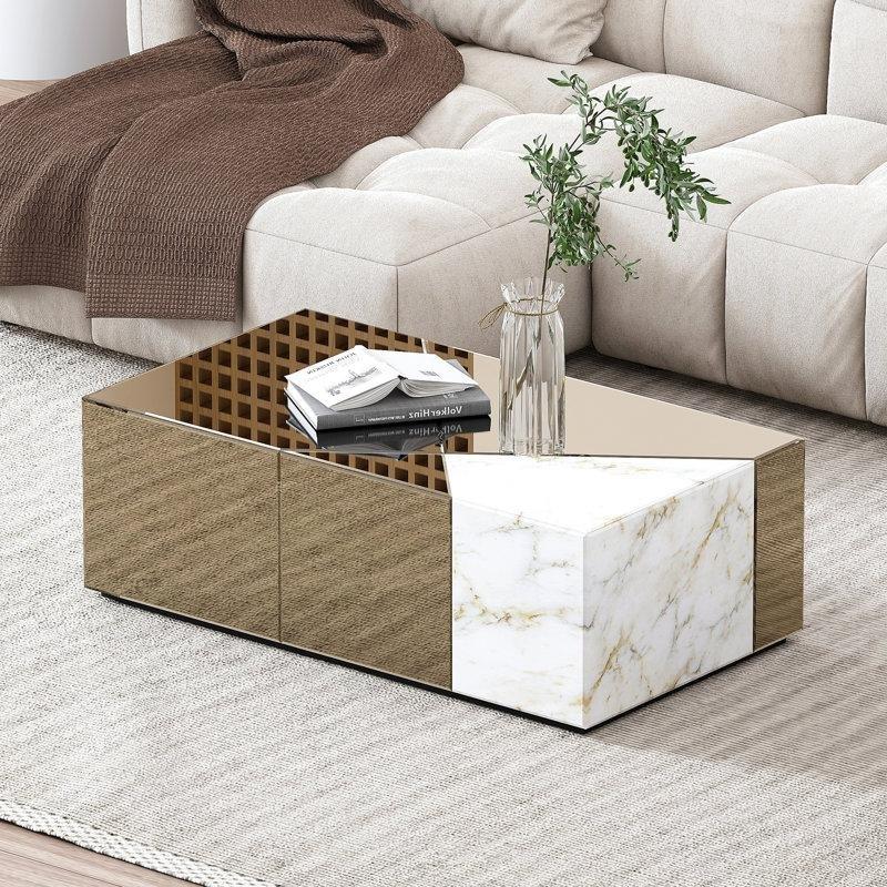 Kahverengi Gri Cam Aynalı Mermer Desenli Aynalı Cam Sehpa-35x101x56 cm - 117096