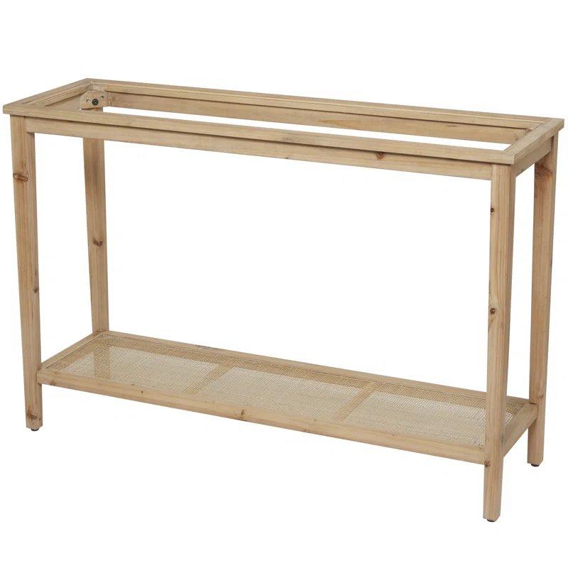 Kahverengi Masif Ahşap Cam Tablalı ve Raflı Rattan Dresuar - 120x37x81 cm - 132575