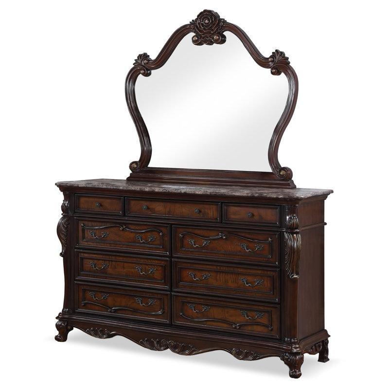 Kahverengi Masif Ahşap Mermer Görünümlü 9 Çekmeceli Oymalı Klasik Aynalı Şifonyer - 180x224 cm - 123954