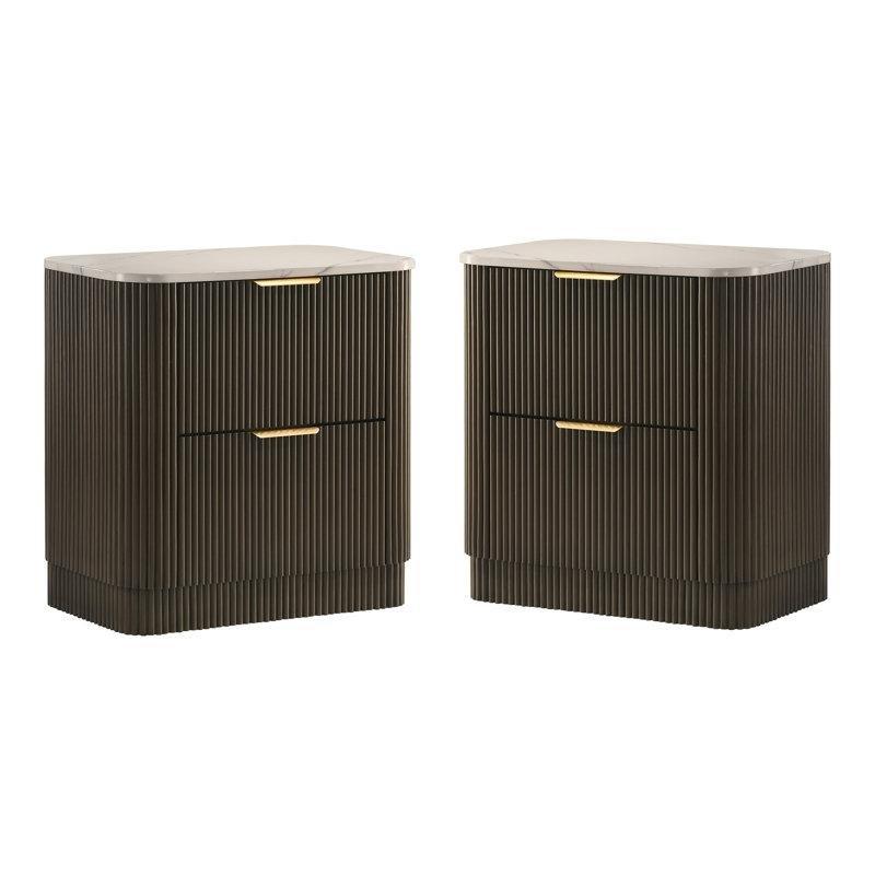 Kahverengi Masif Ahşap ve Yapay Mermer Tablalı Yivli Tasarım İkili Mermer Komodin Seti - 67x40x68 cm - 128008