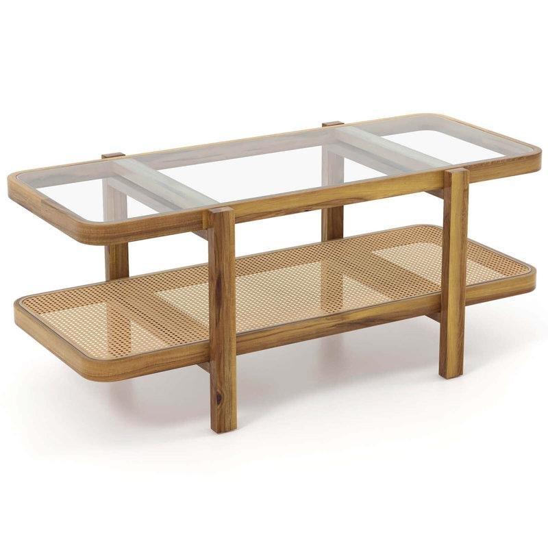 Kahverengi Masif Akasya Ahşap İki Katlı Hasır Cam Sehpa-121x56x51 cm - 117528