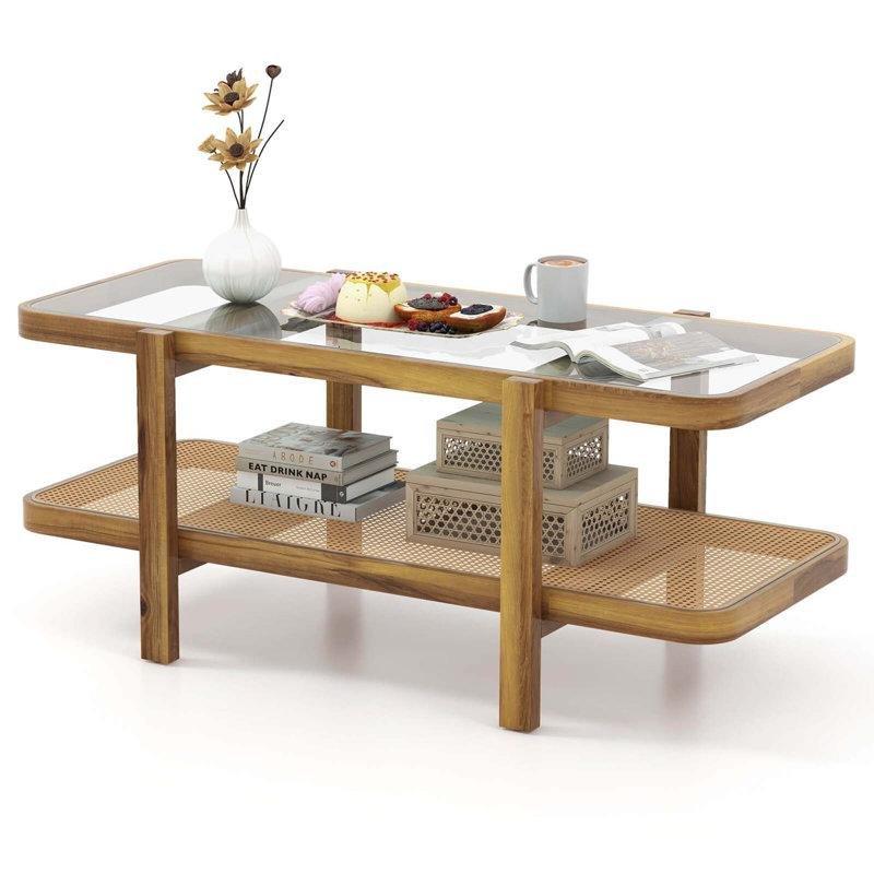 Kahverengi Masif Akasya Ahşap İki Katlı Hasır Cam Sehpa-121x56x51 cm - 117528