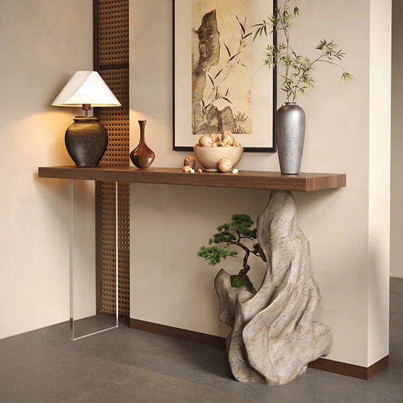 Kahverengi Masif Çam ve Akrilik Taş Formlu Ayaklı Şeffaf Dresuar - 135x30x80 cm - 132735