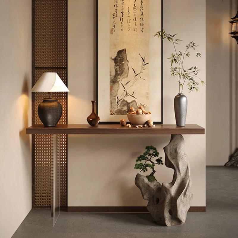 Kahverengi Masif Çam ve Akrilik Taş Formlu Ayaklı Şeffaf Dresuar - 135x30x80 cm - 132735