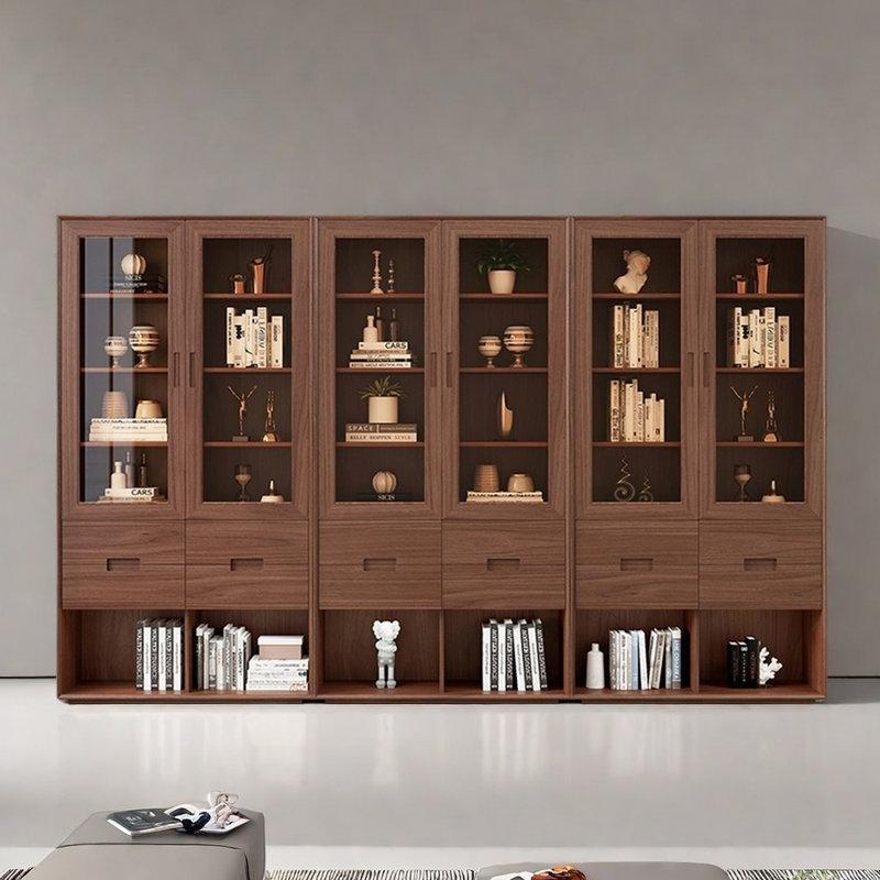 Kahverengi Masif Ceviz 5 Raflı Çekmeceli ve Kapaklı Kitaplık - 210x110x40 cm - 141094