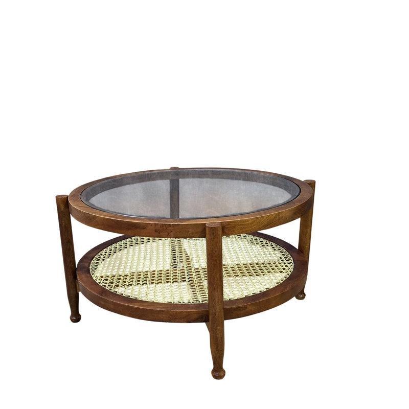 Kahverengi Masif Mango Ahşap Hasır Raflı Hasır Cam Sehpa-44x84x84 cm - 117525
