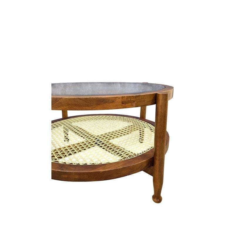 Kahverengi Masif Mango Ahşap Hasır Raflı Hasır Cam Sehpa-44x84x84 cm - 117525