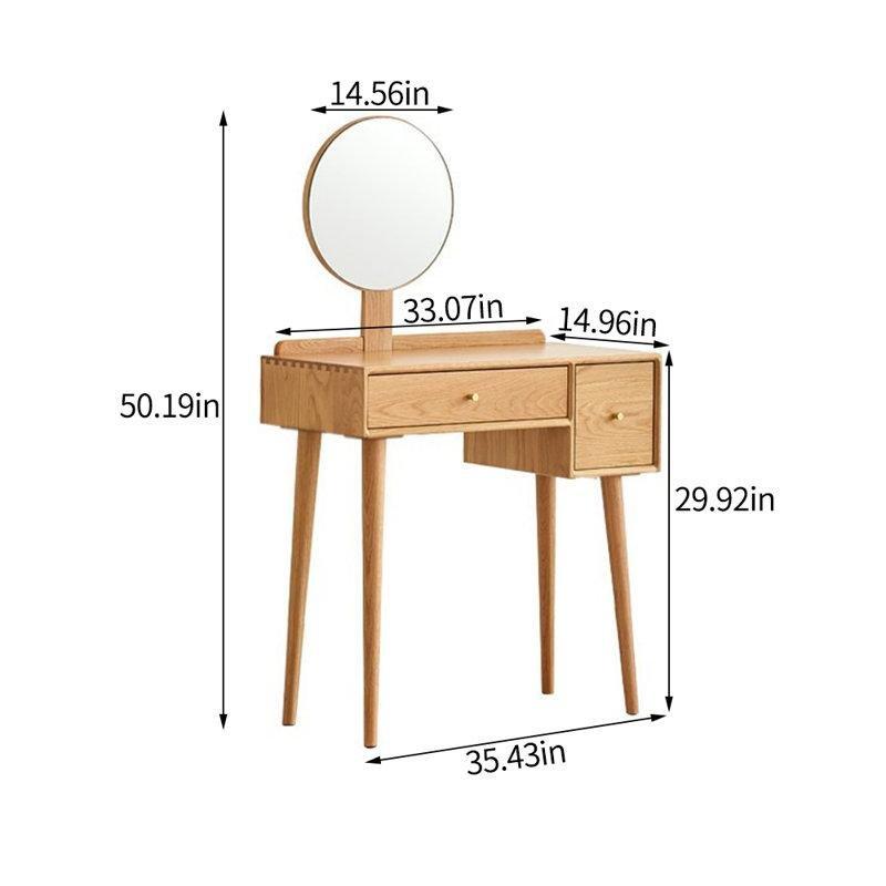 Kahverengi Masif Meşe Yuvarlak Aynalı Çekmeceli Makyaj Masası - 90 cm - 121456