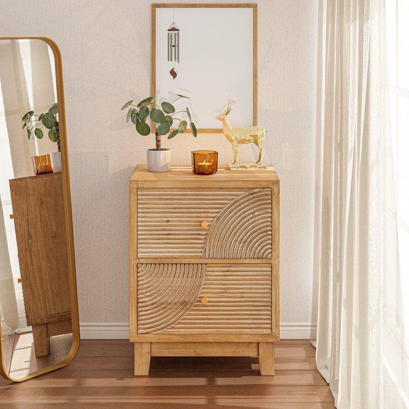 Kahverengi Masif Sedir ve MDF Halka Desenli Gold Kulplu Komodin - 47x35x62 cm - 127091