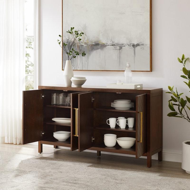 Kahverengi Masif ve Endüstriyel Ahşap Balıksırtı Desenli 4 Kapaklı Gold Konsol - 147x82 cm - 129037