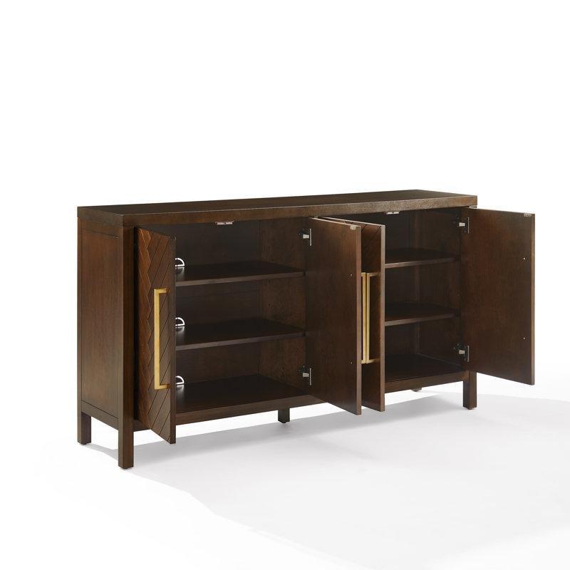 Kahverengi Masif ve Endüstriyel Ahşap Balıksırtı Desenli 4 Kapaklı Gold Konsol - 147x82 cm - 129037