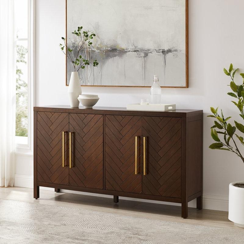 Kahverengi Masif ve Endüstriyel Ahşap Balıksırtı Desenli 4 Kapaklı Gold Konsol - 147x82 cm - 129037