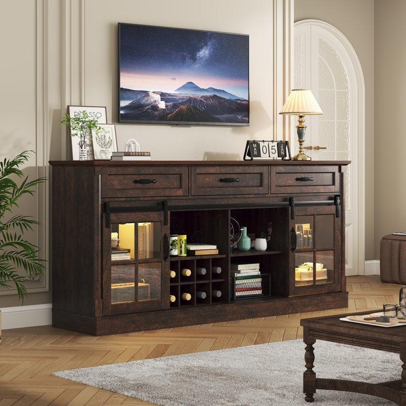 Kahverengi Masif ve Endüstriyel Ahşap Sensörlü Aydınlatmalı Şaraplıklı Konsol - 168x40x82 cm - 128674