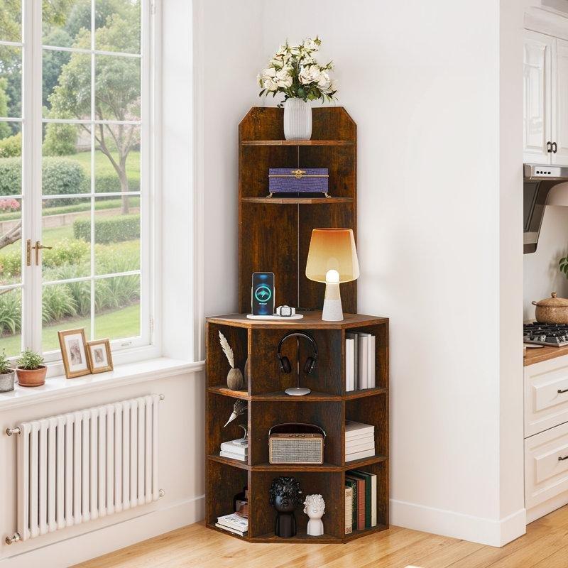 Kahverengi Masif ve Endüstriyel Ahşap USB ve Priz Çıkışlı 6 Raflı Köşe Kitaplık - 162x67x47 cm - 141823
