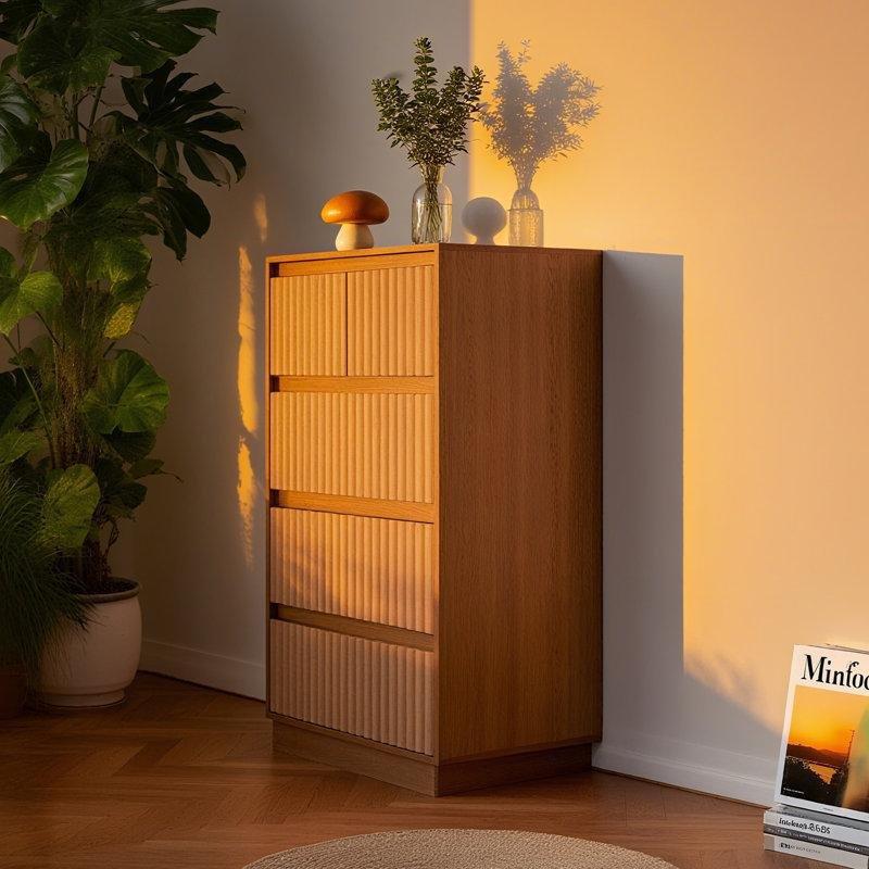 Kahverengi Masif ve Endüstriyel Ahşap Yivli Tasarım 5 Çekmeceli Şifonyer - 70x40x107 cm - 122953