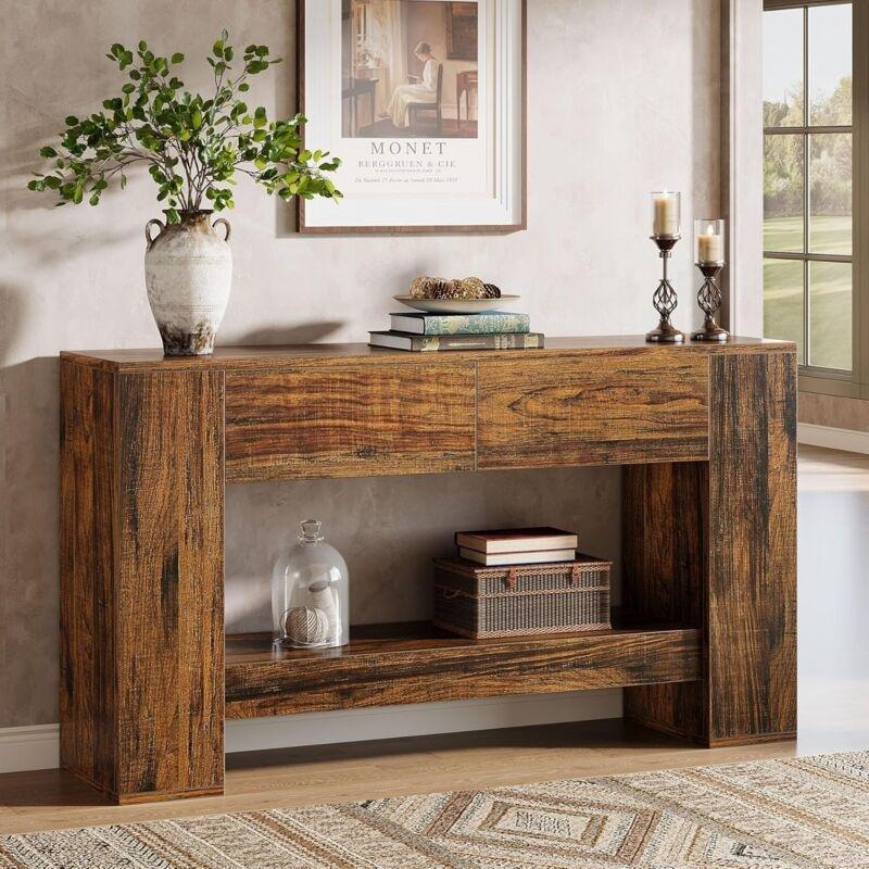 Kahverengi MDF 2 Çekmeceli Raflı Dresuar - 140x30x85 cm - 133860
