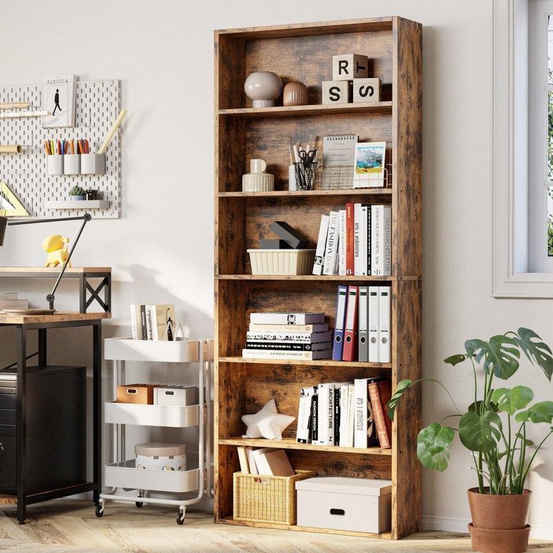Kahverengi MDF 6 Raflı Parlak Yüzeyli Modern Kitaplık - 180x60 cm - 142012