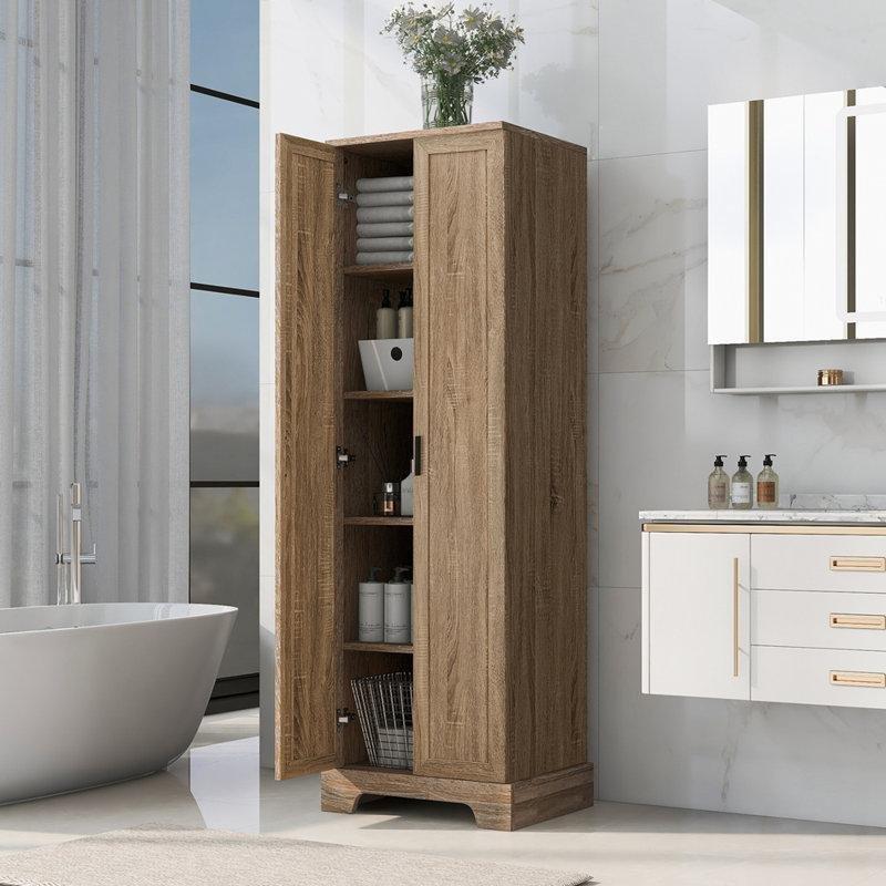 Kahverengi MDF Ayarlanabilir Raflı Ceviz Banyo Dolabı-178x57x43 cm - 114061