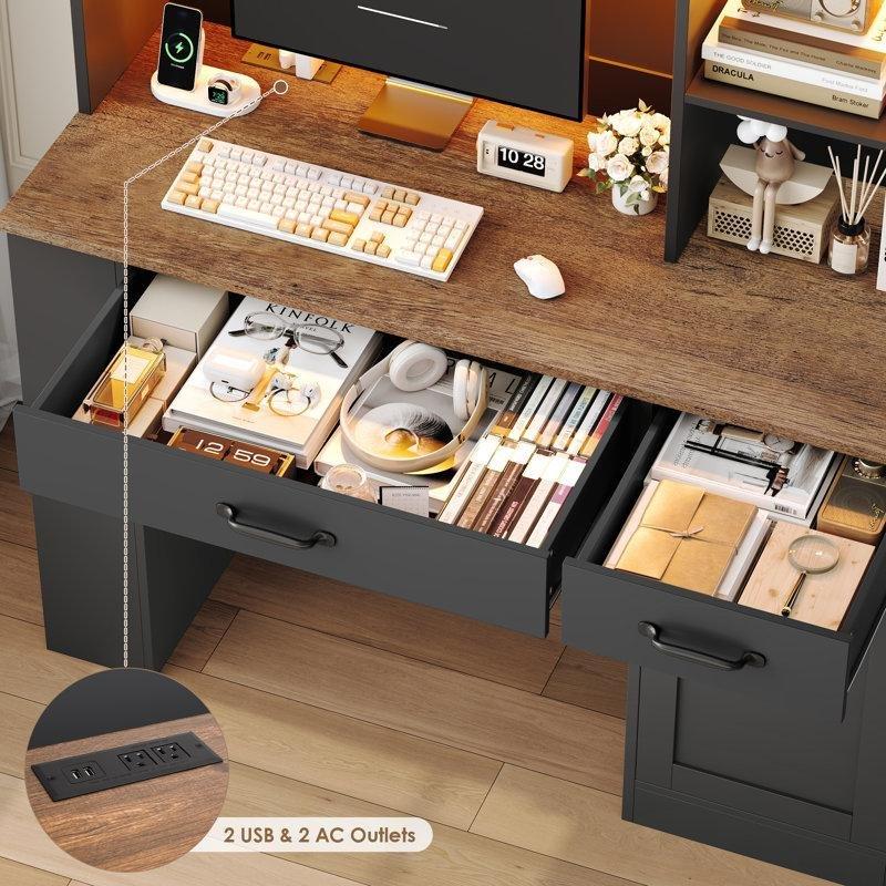 Kahverengi MDF Ledli Şarj İstasyonlu Bilgisayar masası-180x120x51 cm - 116646