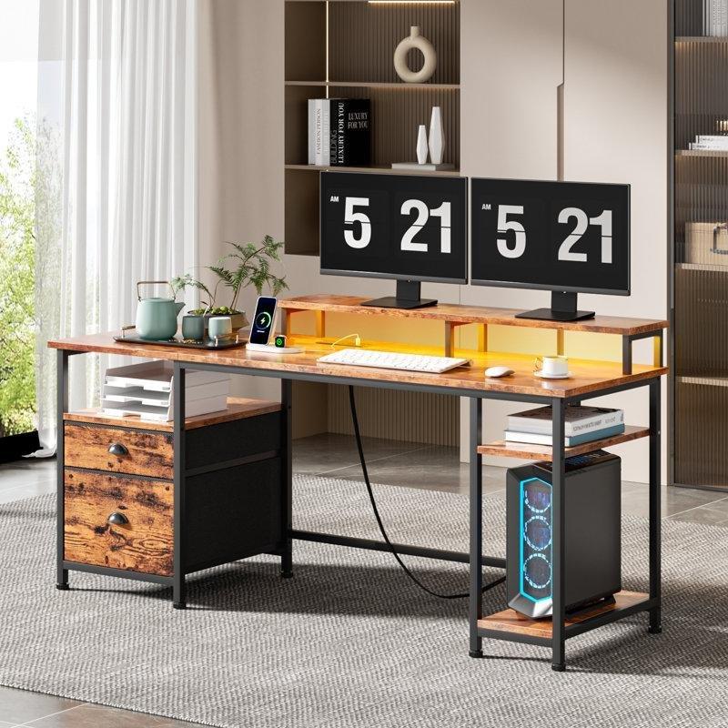 Kahverengi MDF Ledli Şarj İstasyonlu Raflı Çekmeceli Bilgisayar masası-156x46x87 cm - 116748