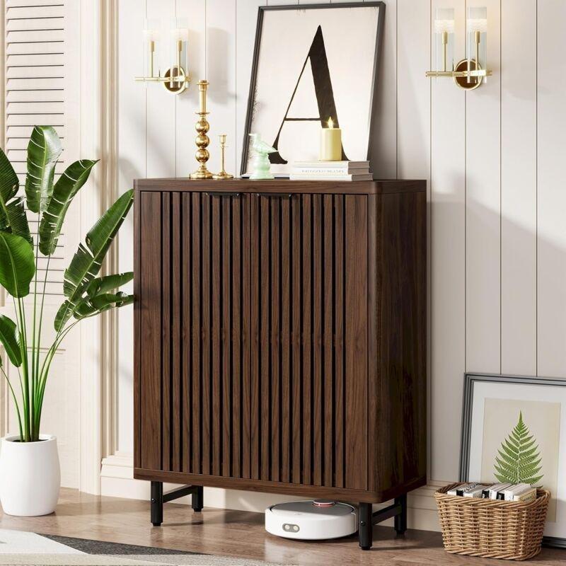 Kahverengi MDF Panjur Kapaklı Ayarlanabilir Raflı Ayakkabılık - 85x35x110 cm - 120431