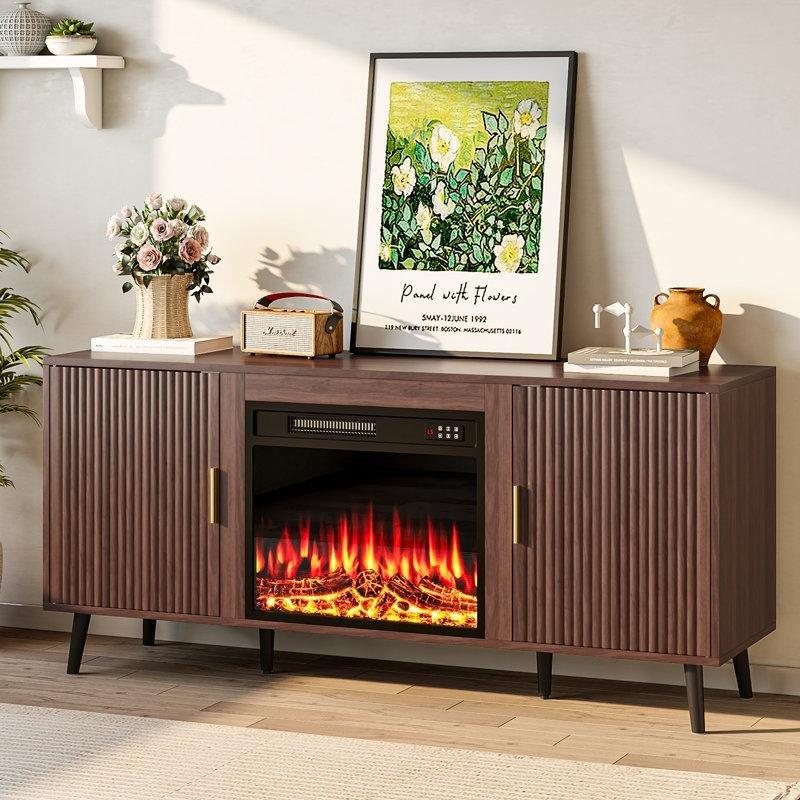 Kahverengi MDF Şömineli ve Oluklu Kapaklı Konsol - 148 cm - 129187